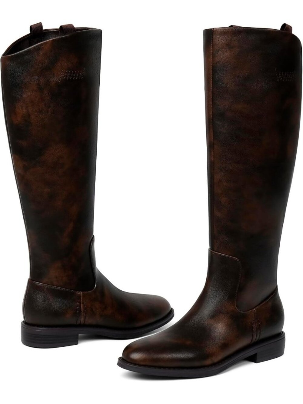 Women's Chocolate Faux Leather Round Toe Flat Retro Opening Low Chunky Heel Boot - Picture 6 of 7